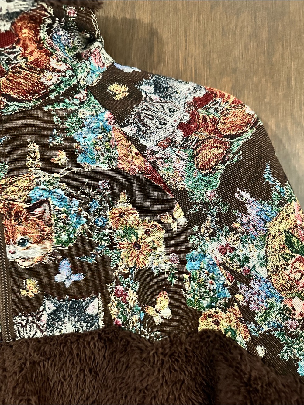 Cider Half-Zip Cafe Brown Sherpa Pullover Tapestry Floral Cat Print Size Large - Picture 8 of 16
